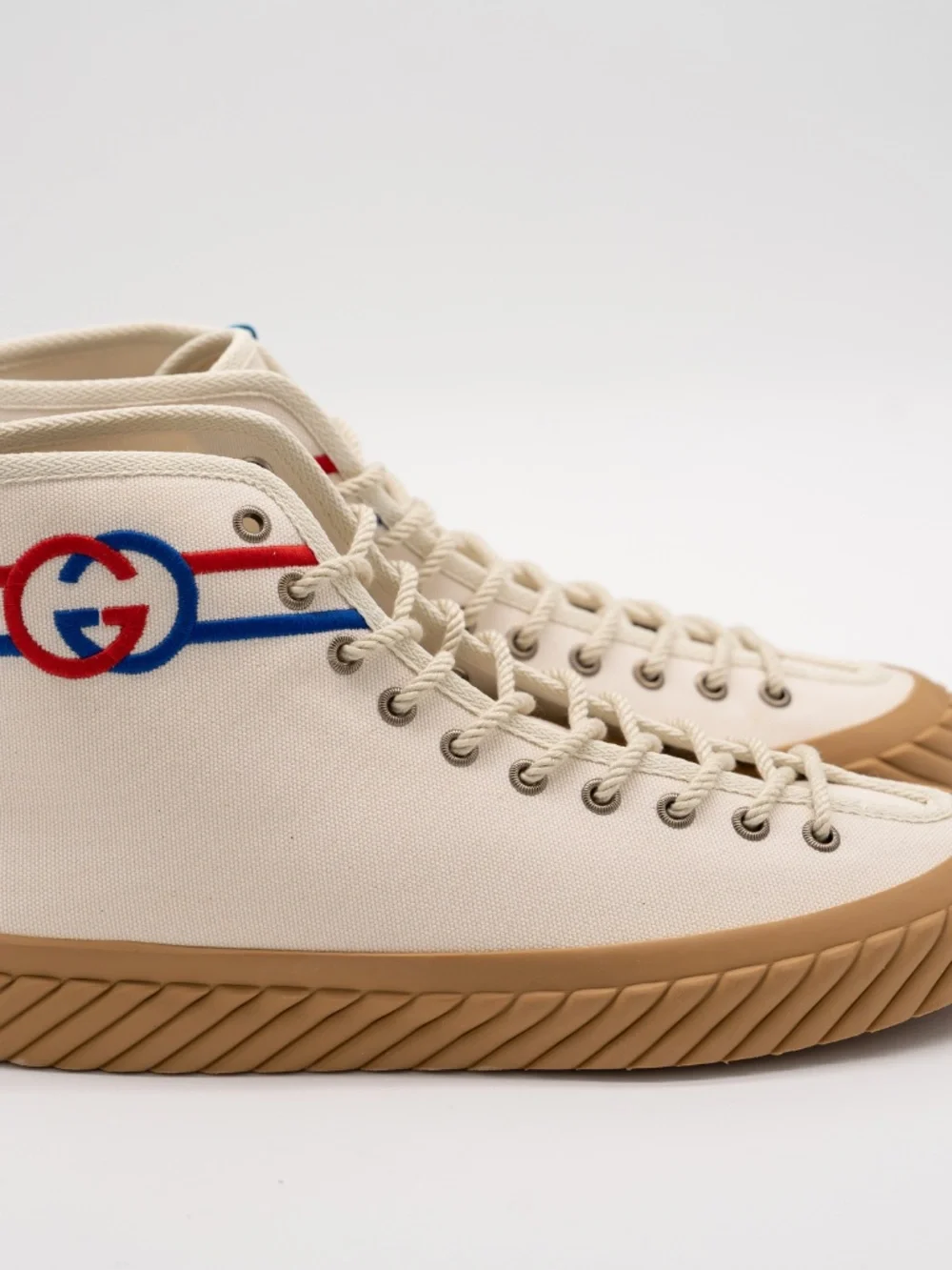 Gucci White Canvas Sneakers High Top GG Interlocking Blue Red size 7G 7.5 US